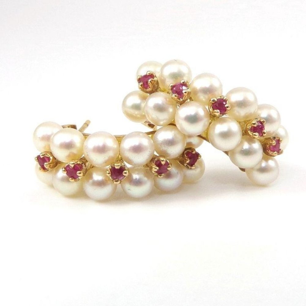 Solid 14k Yellow Gold Pearl Ruby Hoop Earrings - image 1